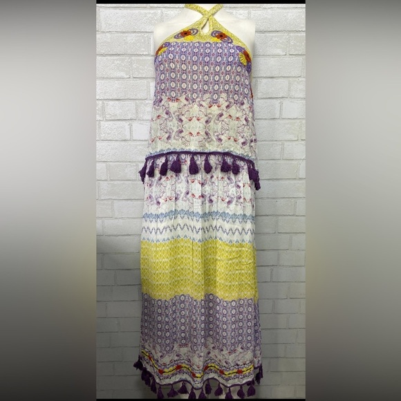 RAGA Women’s Tropic Bird Halter Dress. Purple, yellow. Size LARGE - Picture 2 of 9